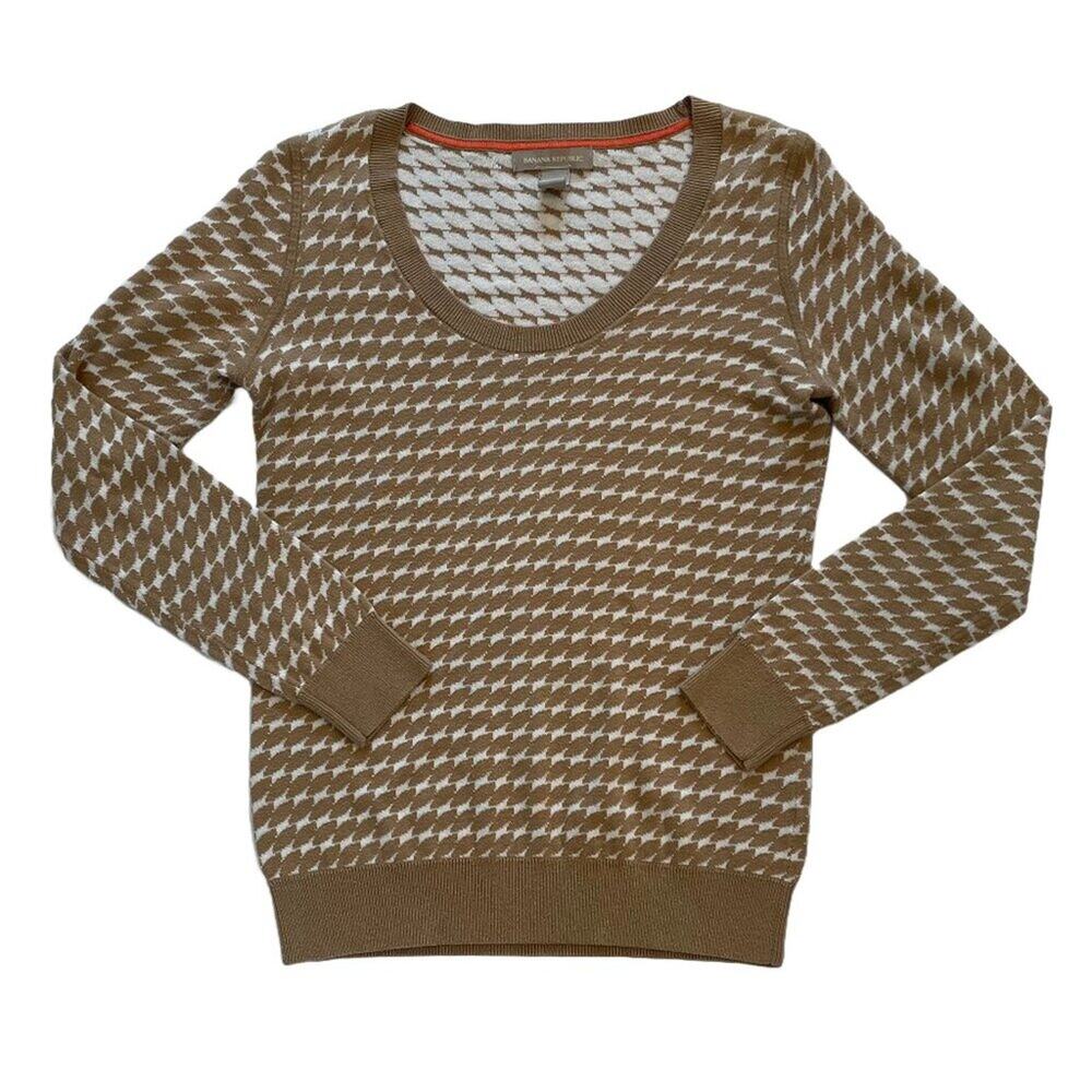 Banana Republic Cotton Blend Tan, White Check Print Scoop Neck Sweater, S